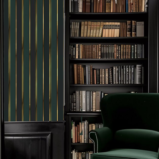 Dark Academia Emerald Green and Gold Stripes Wallpaper (Dark Academia Emerald Green and Gold Stripes Wallpaper in a library.)
