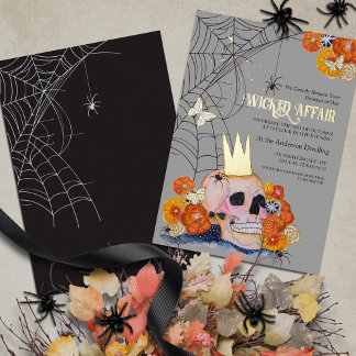 Dark Academia Floral Halloween Skull Crown Spiders Foil Invitation