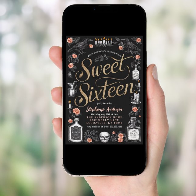 Dark Academia Floral Sweet Sixteen Birthday Invitation (Front Digital)