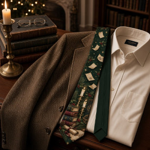 Dark Academia Forest Green Christmas Library Books Neck Tie