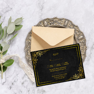 Dark Academia Gothic Black Gold Elegant Wedding RSVP Card