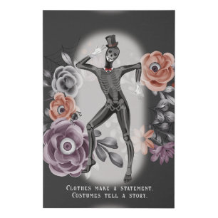 Dark Academia Gothic Floral Skeleton Halloween Faux Canvas Print