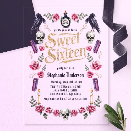 Dark Academia Gothic Gold Floral Sweet 16 Acrylic Invitations