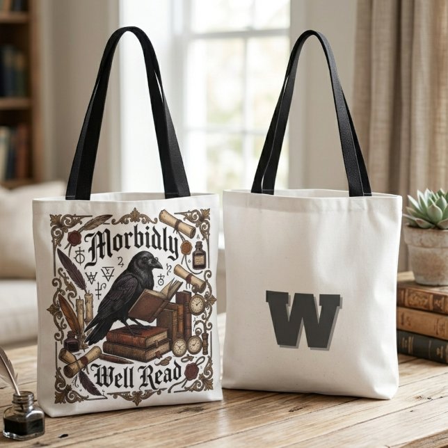 Dark Academia Gothic Raven Book Lover Tote Bag (A gothic raven on a stack of books for your favorite bookworm to carry during spooky season.)