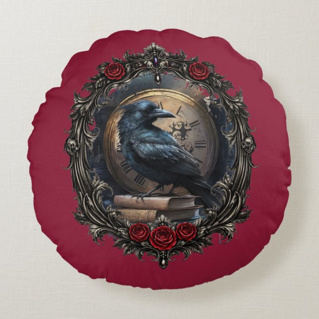 Dark Academia Gothic Raven Clock Library Wreath  Round Pillow (Front)
