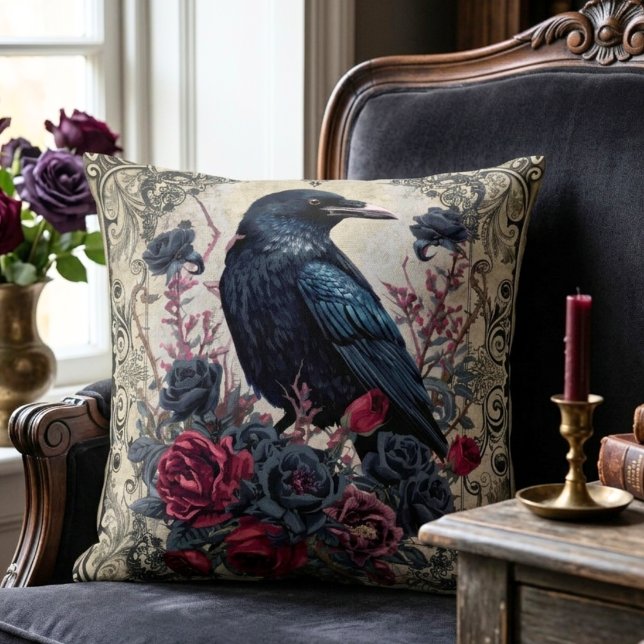 Dark Academia Gothic Raven Moody Floral Throw Pillow (Dark Academia Gothic Raven floral throw pillow)