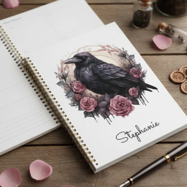 Dark Academia Gothic Raven Pink Floral Planner (Gothic daily planner)