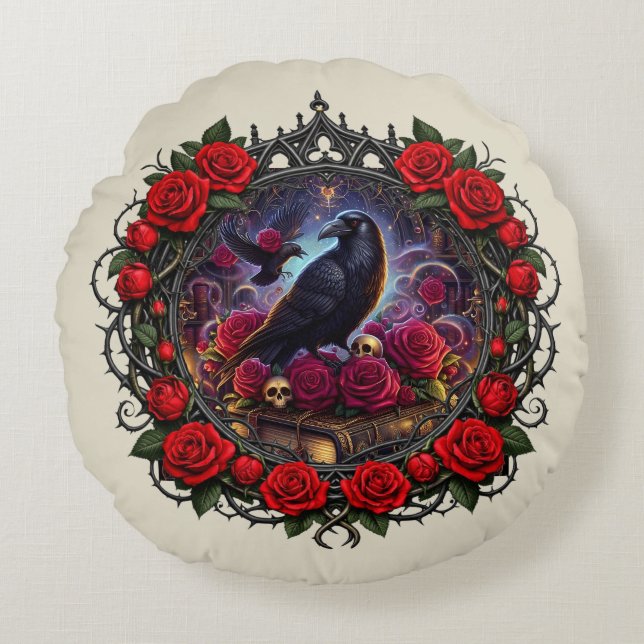 Dark Academia Gothic Raven Rose Wreath  Round Pillow (Front)