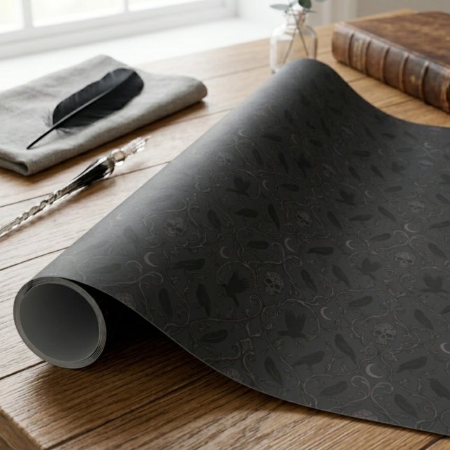 Dark Academia Gothic Raven Skull Damask Wrapping Paper (Check out this moody raven wrapping paper for your best friend's birthday gift!)