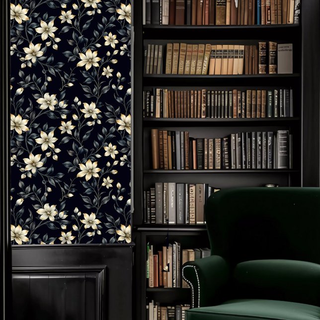 Dark Academia Gray Foliage with Cream Flowers Wallpaper (Dark Academia Gray Foliage with Cream Flowers Wallpaper in a library.)