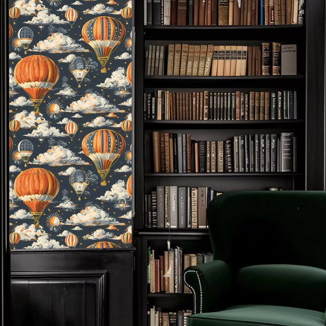 Dark Academia Hot Air Balloons and Clouds Wallpaper (Dark Academia Hot Air Balloons and Clouds Wallpaper in a library.)