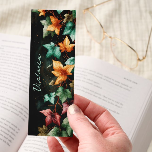 Dark Academia Ivy Leaves Dark Personalized Bookmarks (Hand)