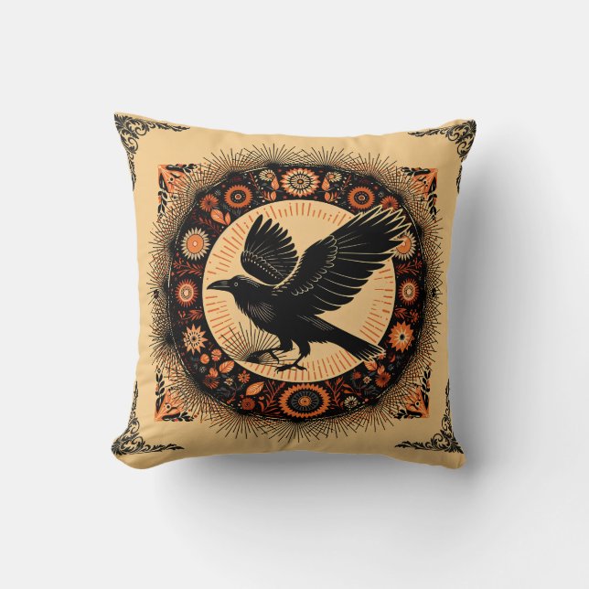  Dark Academia Mandala Raven Circle Boho Gothic Throw Pillow (Front)