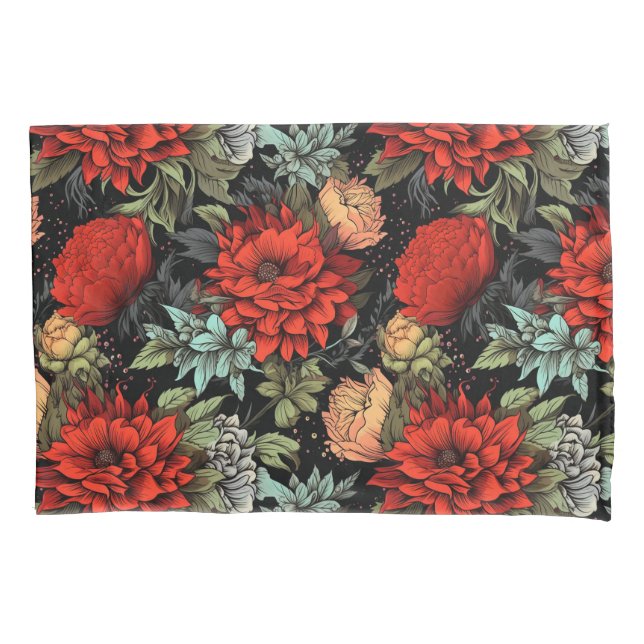 Dark Academia Maximalist Red Dahlia Floral  Pillow Case (Front)