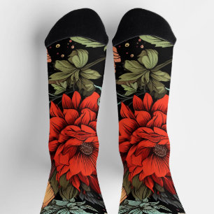 Dark Academia Maximalist Red Dahlia Floral Socks