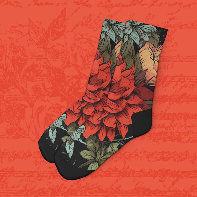 Dark Academia Maximalist Red Dahlia Floral  Socks (Creator Uploaded)