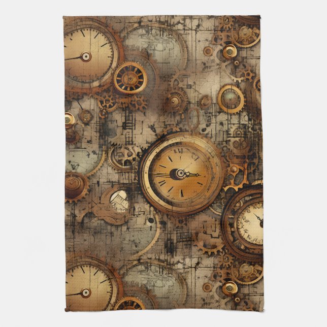 Dark Academia Mechanical Parchment Sepia Brass Kitchen Towel (Vertical)