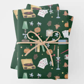 Dark Academia Moody Autumn Green Wrapping Paper Sheets