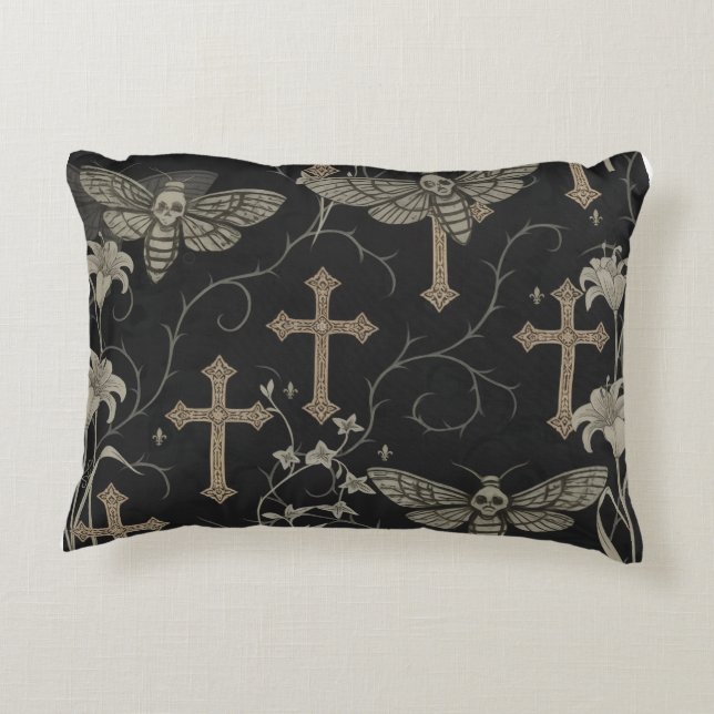 Dark Academia Moth & Cross Pillow – Vintage Gothic (Back)