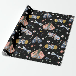 Dark Academia Moth Floral in Black Wrapping Paper
