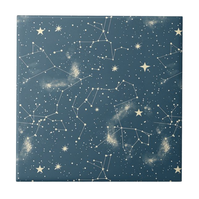 Dark Academia Navy Ivory Moon Constellation Chart Ceramic Tile (Front)