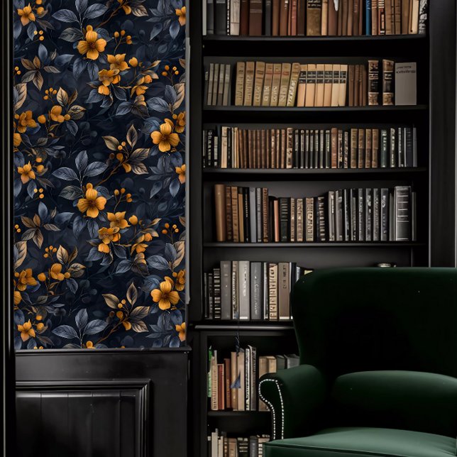 Dark Academia Orange and Blue Floral Wallpaper (Dark Academia Orange and Blue Floral Wallpaper in a library.)