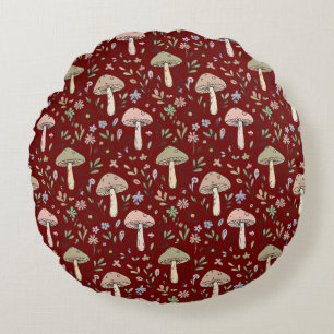Dark Academia Plum Red Fungi Seamless Luxury Round Pillow