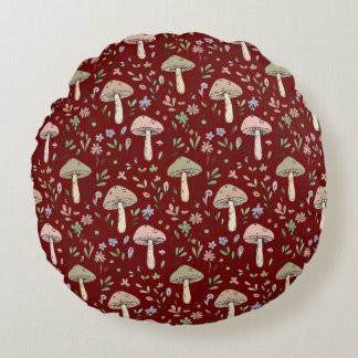 Dark Academia Plum Red Fungi Seamless Luxury Round Pillow