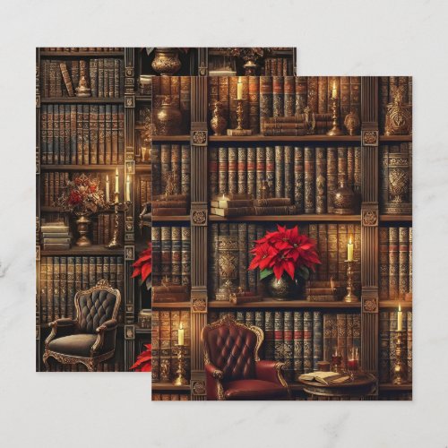 Dark Academia Poinsettia Bookshelf Scrapbook Paper