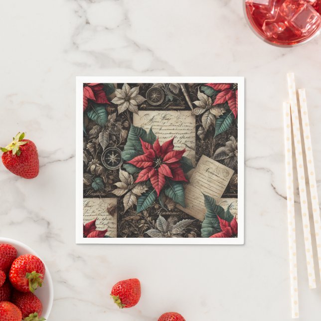  Dark Academia Poinsettia Stationery Decoupage Napkins (Insitu)