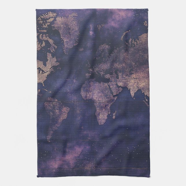 Dark Academia Purple Celestial World Map Kitchen Towel (Vertical)