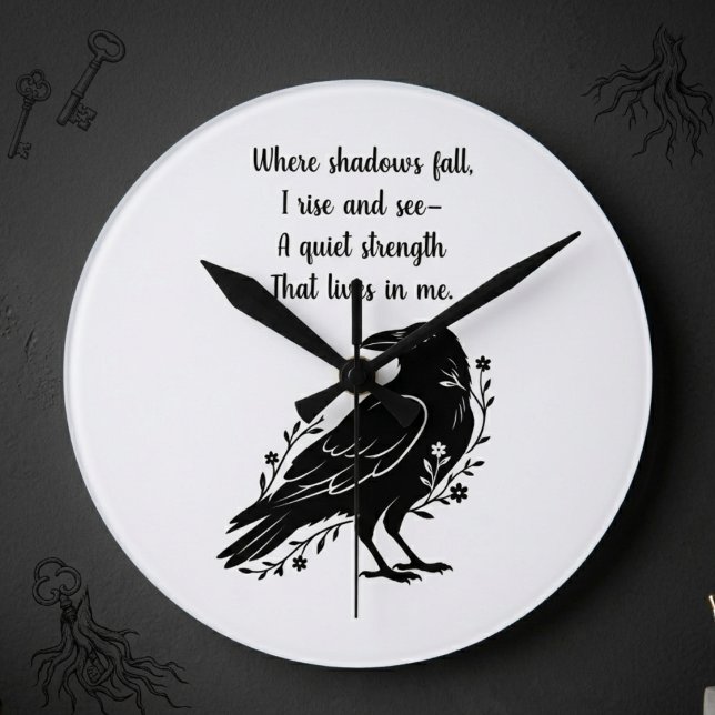 Dark Academia Raven Crow Floral Birthday Gift Round Clock (Dark academia raven clock for a writer's office — a unique birthday gift for literary souls.)