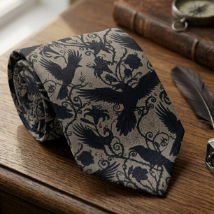 Dark Academia Raven Floral Bird Lover Gift Neck Tie