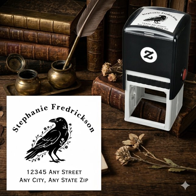Dark Academia Raven Floral Bird Lover Gift Self-inking Stamp (Vintage botanical crow address stamp for gothic aesthetic lover — a moody housewarming gift idea.)