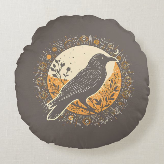 Dark Academia Raven Gothic Moon Clock Vines Boho Round Pillow (Front)