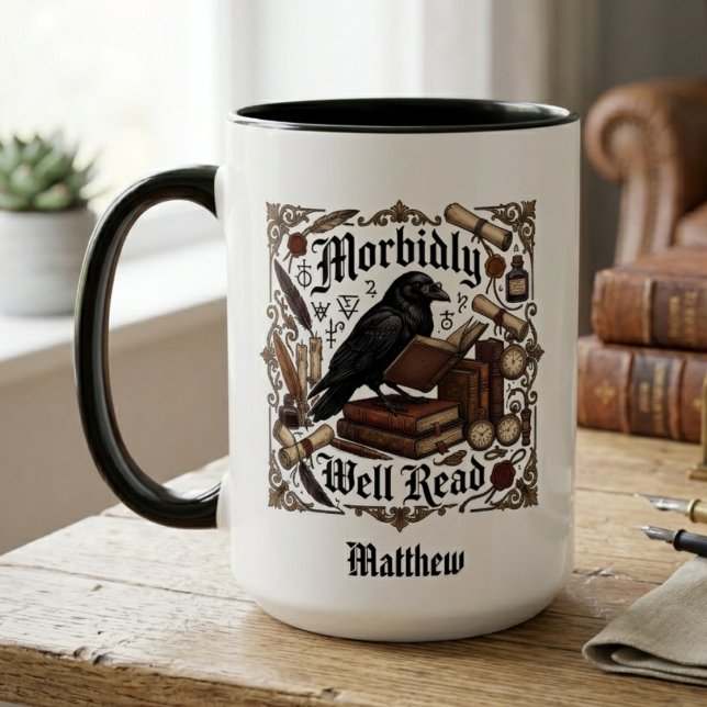 Dark Academia Raven Gothic Name Mug (A raven mug for your favorite student to enjoy while reading during the Halloween season.)