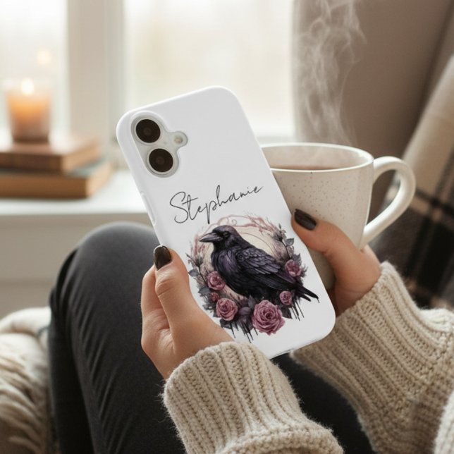 Dark Academia Raven Mauve Floral iPhone Case (Gothic Raven & Roses – Personalized Romantic IPhone case)