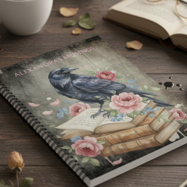 Dark Academia Raven Pink Floral Spiral Notebook (Floral Gothic Raven personalized notebook)
