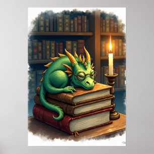 Dark Academia Reading Dragon Sticker Bookworm Slee Poster