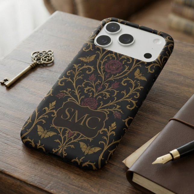 Dark Academia Rose Damask Iphone Case (Gothic rose damask phone case for dark academia fans and alternative students for daily use.)