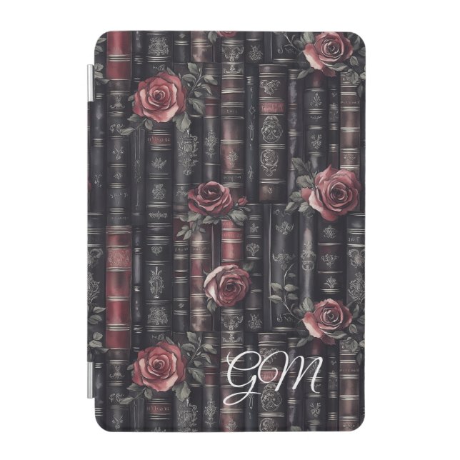 Dark Academia Roses & Books Custom Monogram iPad Mini Cover (Front)
