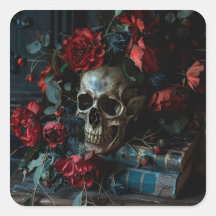 Dark Academia Skull Flowers Square Sticker