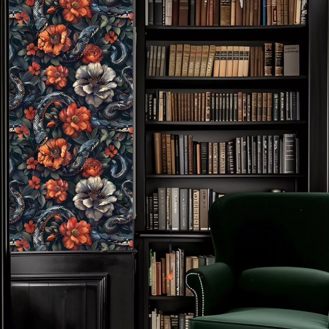 Dark Academia Snakes & Coral and Gray Flowers Wallpaper (Dark Academia Snakes & Coral and Gray Flowers Wallpaper in a library.)