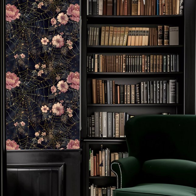 Dark Academia Spider Webs with Pink Flowers Wallpaper (Dark Academia Spider Webs with Pink Flowers Wallpaper in a library.)