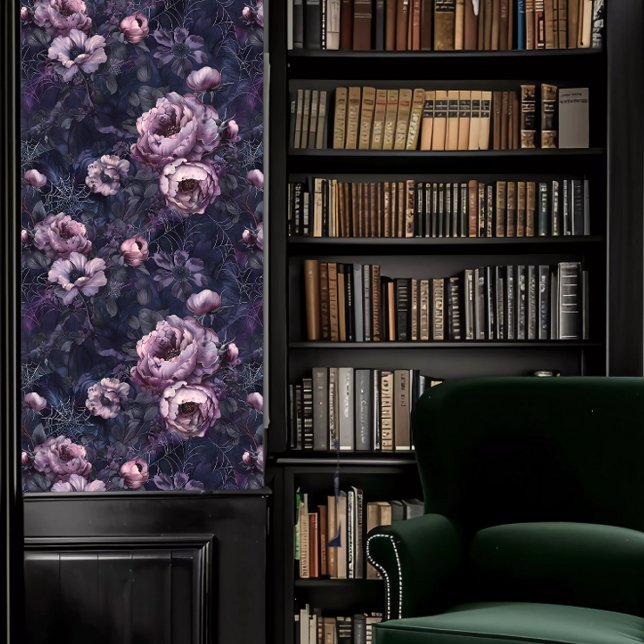 Dark Academia Spider Webs with Purple Flowers Wallpaper (Dark Academia Spider Webs with Purple Flowers Wallpaper in a library.)