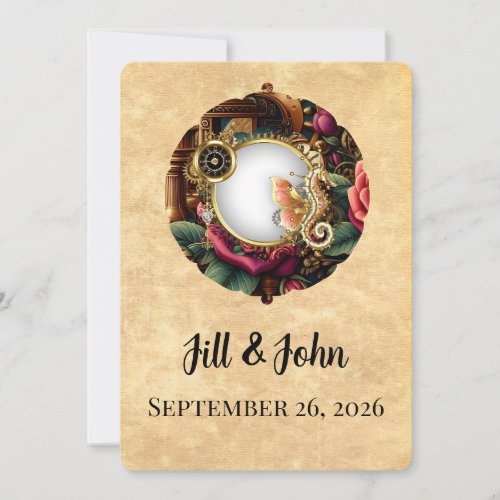 Dark Academia Steampunk Clock Wedding Invitation