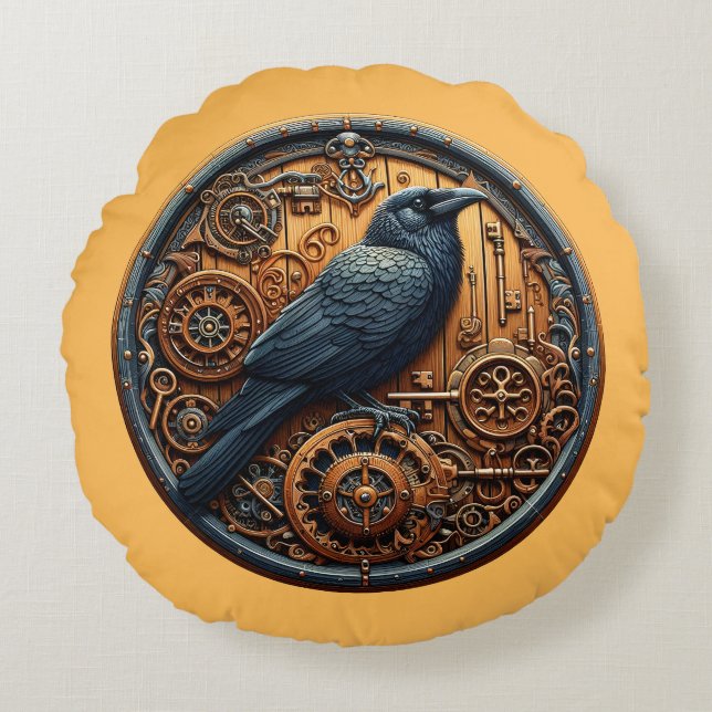  dark academia Steampunk Raven Clockwork Mechanic Round Pillow (Front)