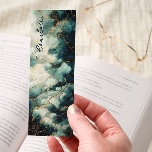 Dark Academia Teal Marble Gold Personalized Bookmarks (Hand)