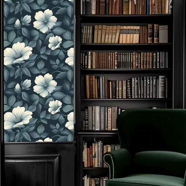 Dark Academia Teal Monochromatic Floral Wallpaper Wallpaper (Dark Academia Teal Monochromatic Floral Wallpaper Wallpaper in a library.)