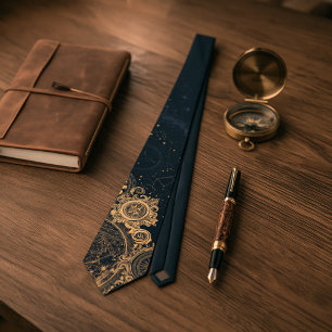 Dark Academia Vintage Celestial Star Midnight Blue Neck Tie